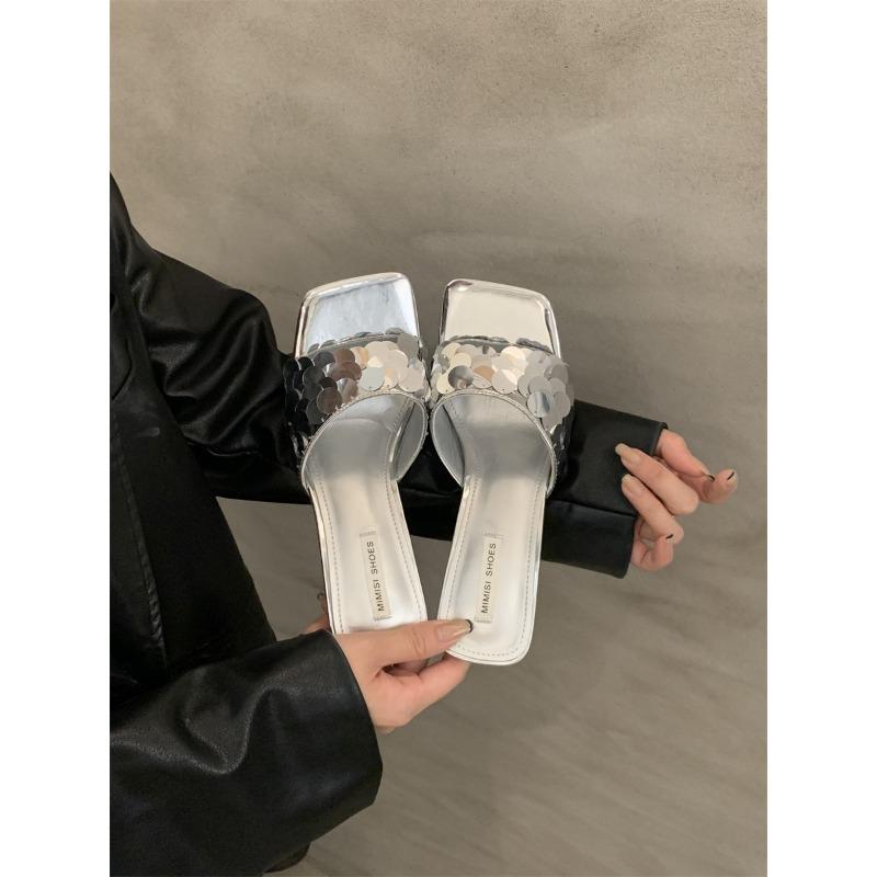 Summer new niche high-end cool slippers outer wear thin heel sequined high-heeled sandals women's shoes