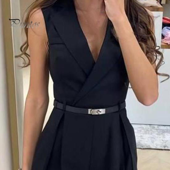 Dámský letní overal s límcem do V, jednobarevný plisovaný Slim Fit bez rukávů OL Formální styl pro dojíždění Měkký overal v délce nad kolena (Pás Ne