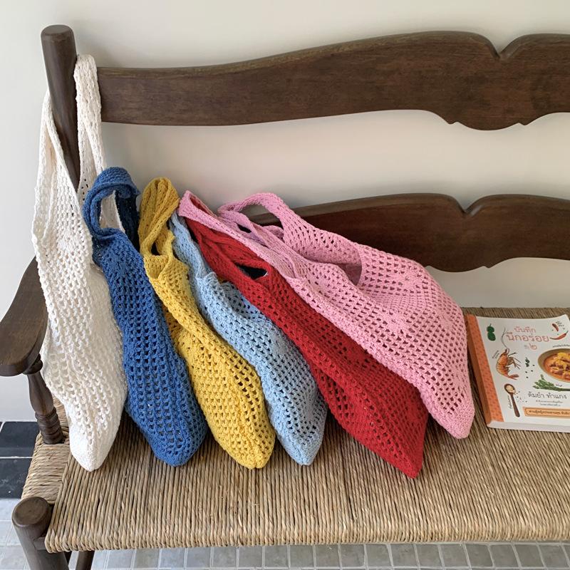 Mori hollow flower knitted shoulder bag large capacity woven tote bag seaside vacation handbag