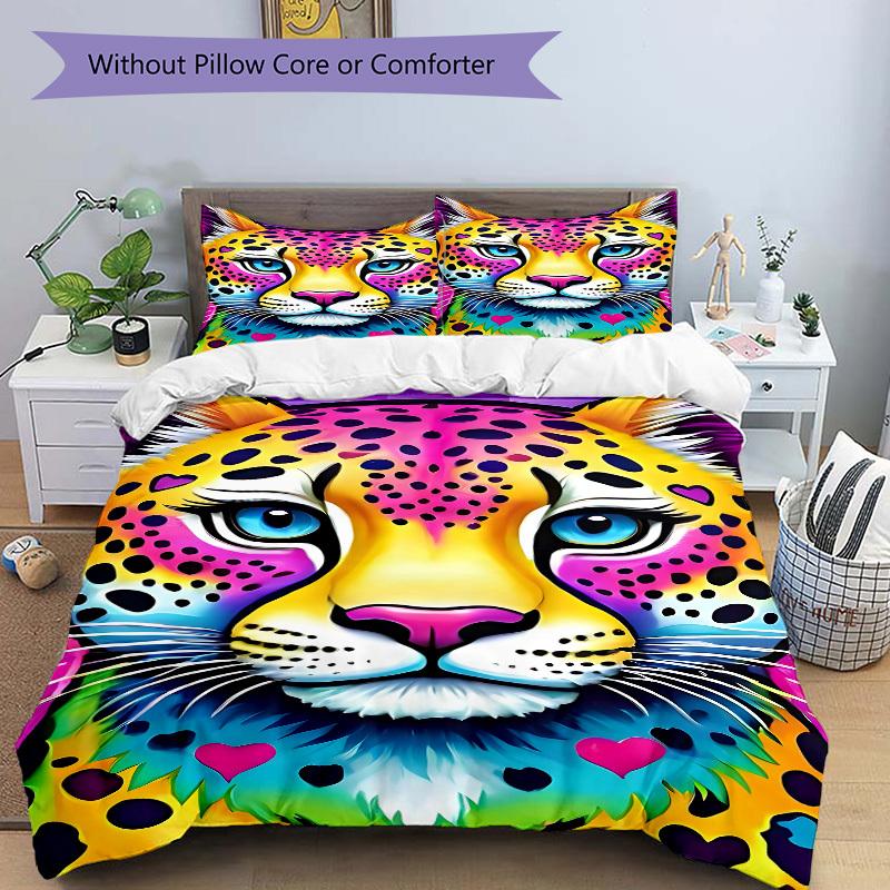 3PCs Colorful Leopard Print Design Cover Set, Breathable Fabric, Machine Washable (1 Duvet Cover + 2 Pillowcases) (Without Quilt) yy250911157
