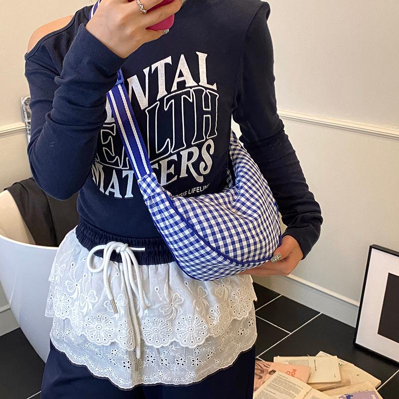 

Checkered Nylon Crescent Crossbody Bag for Women Hobos Shoulder Purse with Adjustable Strap Zipper Closure Large Capacity синий