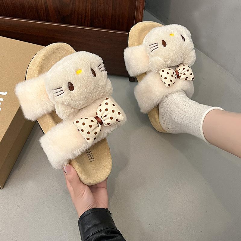Cute Mao Mao cartoon KT cat bow Mao Mao slippers women's 2025 autumn and winter new one-word parallel bar cotton slippers