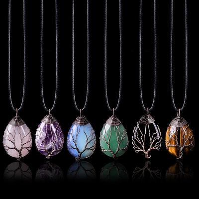 Tree of Life 7 Chakra Natural Gemstone Necklace Crystal Energy Healing Handmade Pendant Necklace Yoga Jewelry Vintage for WoMen