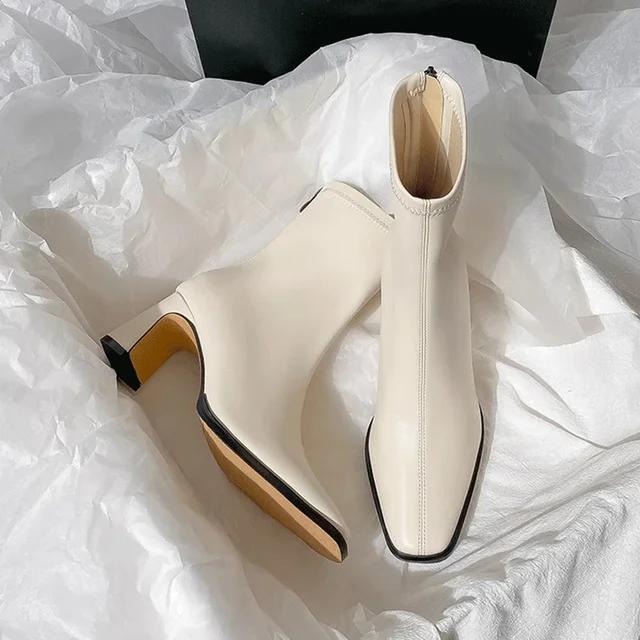 2024 New Vintage Brown Women Ankle Boots Elegant Square Toe Shoes Autumn Winter Thick Heel Women's Short Booties