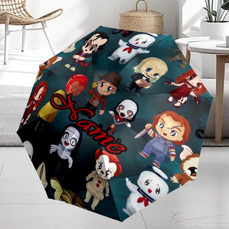 Custom Name Halloween horror Theme Automatic Umbrella, Lightweight & Portable, 8 Rib, Perfect for Outdoor Travel, Birthdays, Christmas, Gifts.