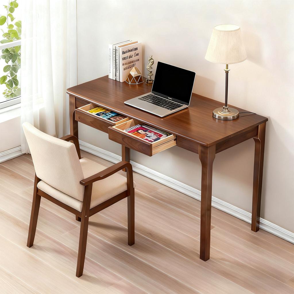 Scrivania in legno massello con cassetti, scrivania regolabile in altezza con bordi arrotondati, ideale per piccoli studi e camere da letto, in stile mid-century modern, noce
