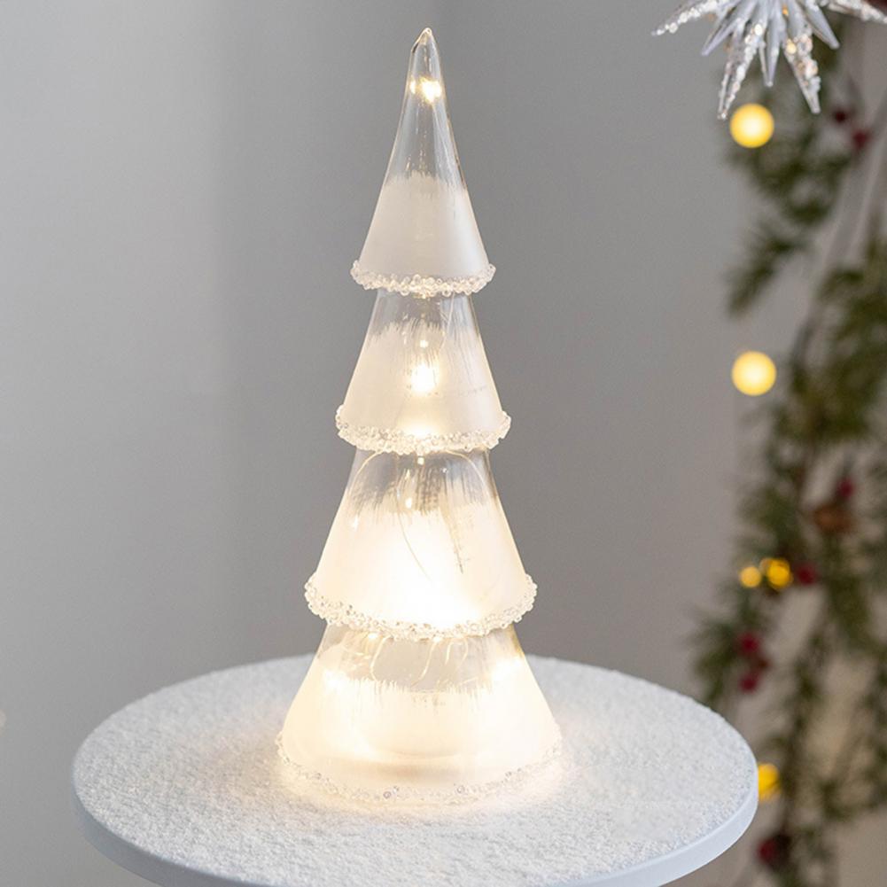 For Glass Christmas Tree Figurine Tabletop Tree Ornament with LED Lights Holiday Decor Light Up Tree Cone for Home Office Partie