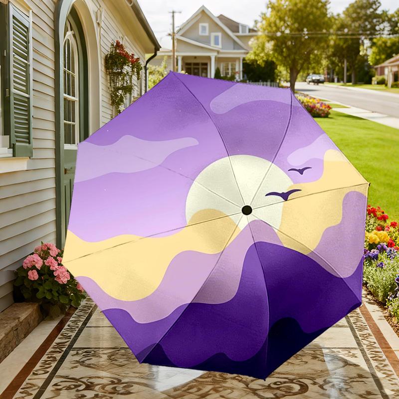 1pc Sunset Mountains Automatic Folding Umbrella 8 Rib Iron Frame,  Suitable for Travel, Daily Use, Birthday, Women & Men Gift C1231050