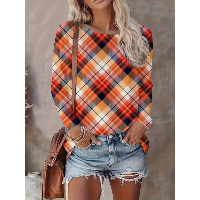 Women's Autumn and Winter Love Plaid 3D Printing Round Neck Long-sleeved T-shirt Comfortable, Fashionable and Breathable