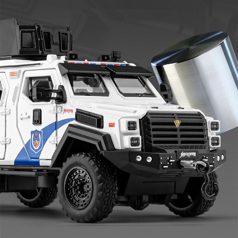 1:32 Alloy Police Explosion Proof Car Model Diecasts Metal Sword Toothed Tiger Armored Vehicles Car Model Sound Light Kids Gifts