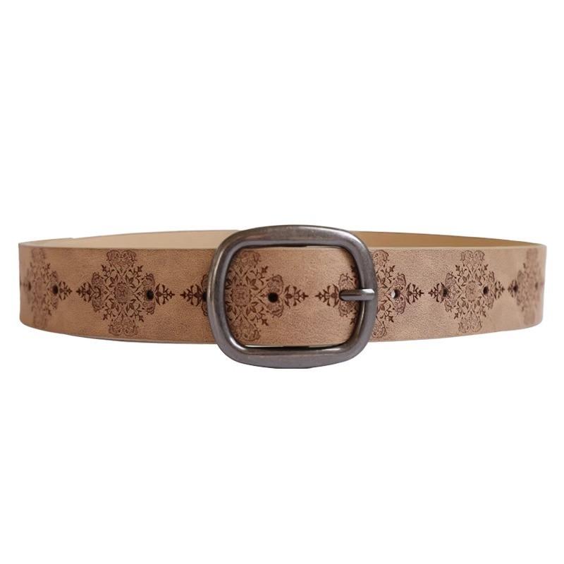 Artistic Retro Brown Leather Belt With Carved Pattern And Alloy Pin Closure For Fashion Accessories