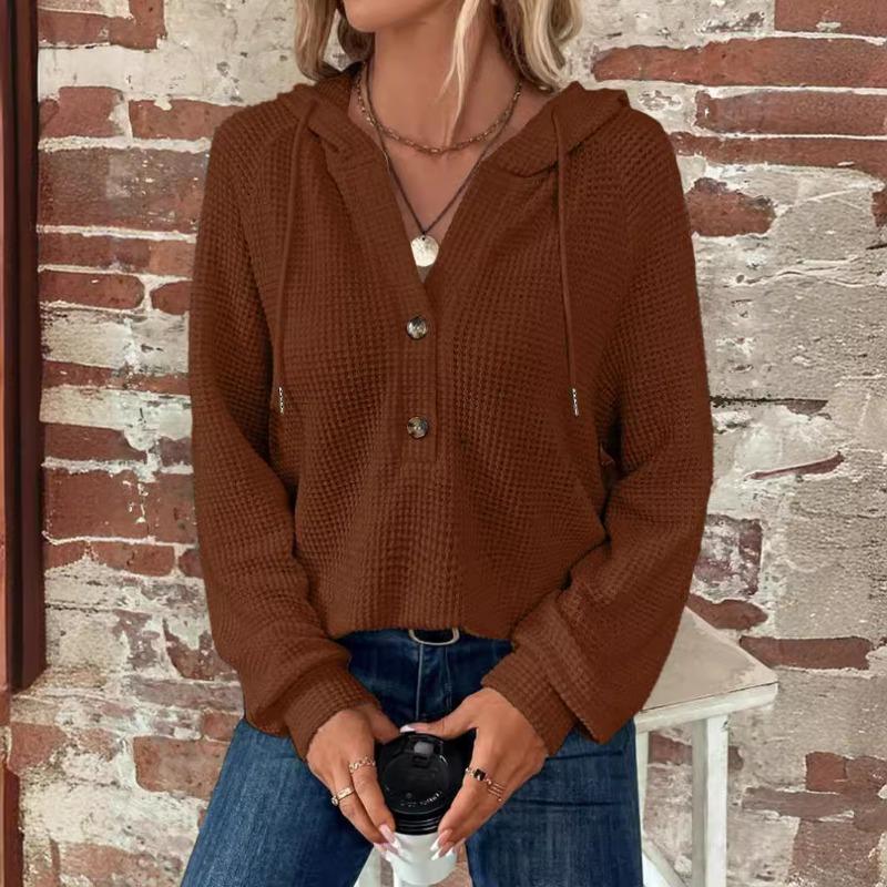 Women S Loose Long Sleeve Solid Color Hooded Button Sweatshirt