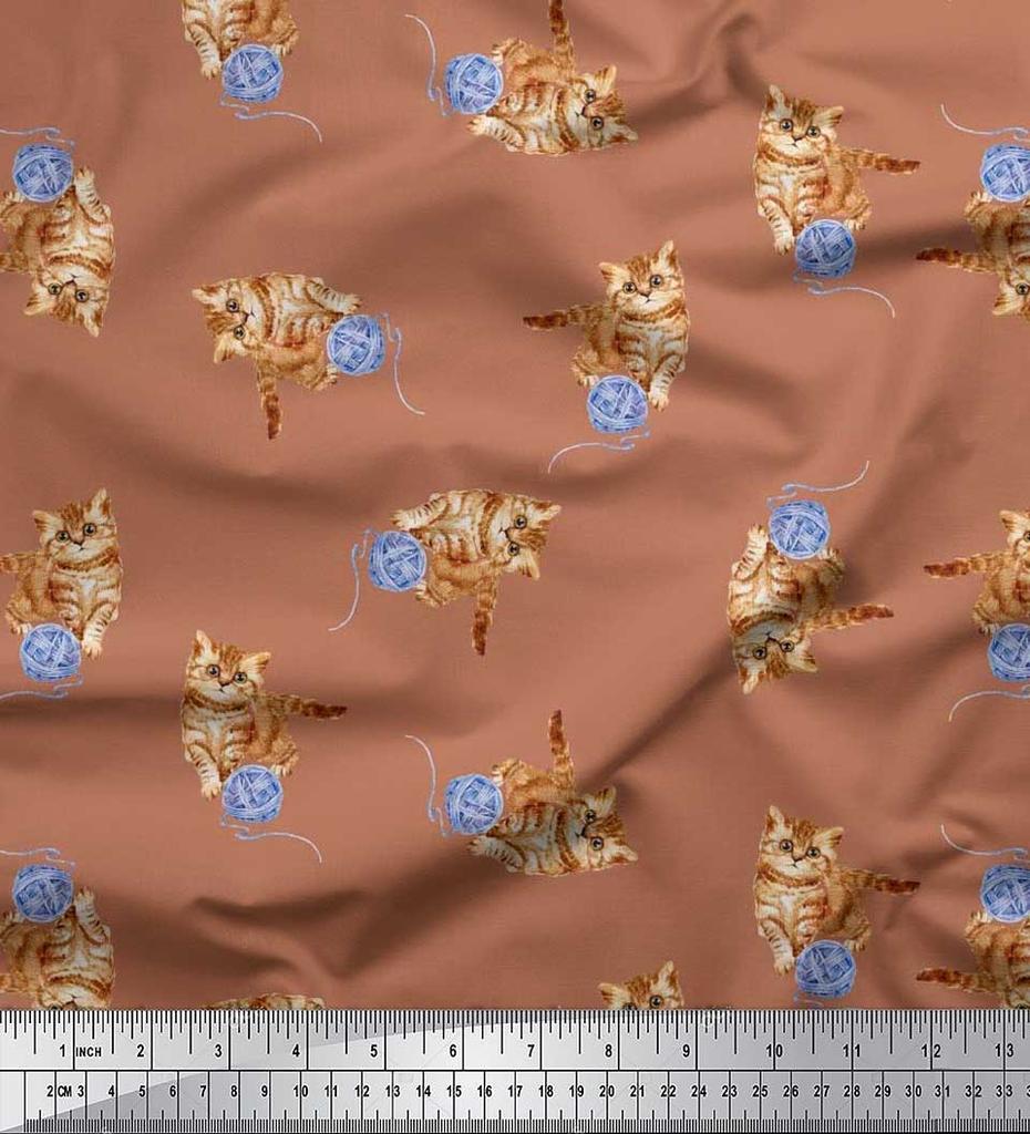 Soimoi Japan Crepe Satin Fabric Wool & Cat Animal Print Fabric by the Metre 42 Inch