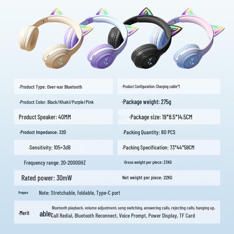 Premium Cat Ear Bluetooth Gaming Headset for Girls - Noise-Canceling, Universal Fit