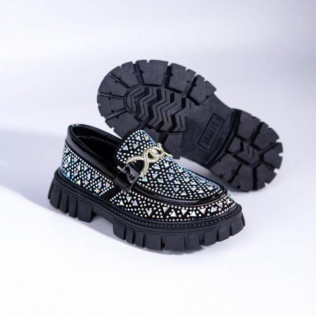 2025 Unisex Rhinestone Loafers: Korean-Style Leather Shoes for Kids