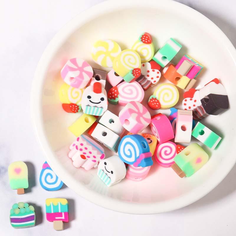 50 pcs Polymer Clay Animal & Fruit Style Mixed Color Flat Round Beads for DIY Bracelet Jewelry
