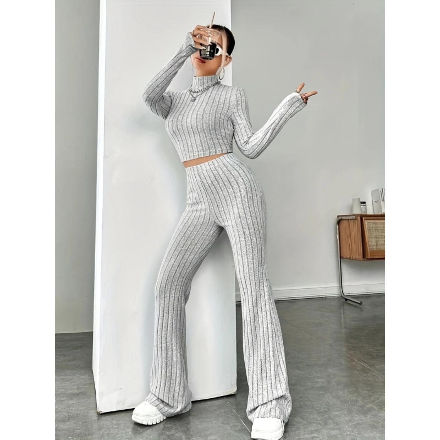 Women s Slim Two-Piece Matching Set Long Sleeve Turtleneck Crop Top High Waist Flare Knit Tracksuit S