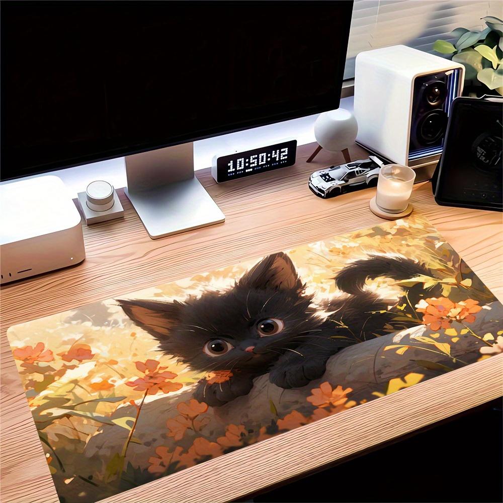 1pc Large Gaming Mouse Pad, UV Reactive Non-Slip Desk Mat, Washable PolyesterCate, Kitten, FlowersComputer Pad with Vibrant Game Machine Pri
