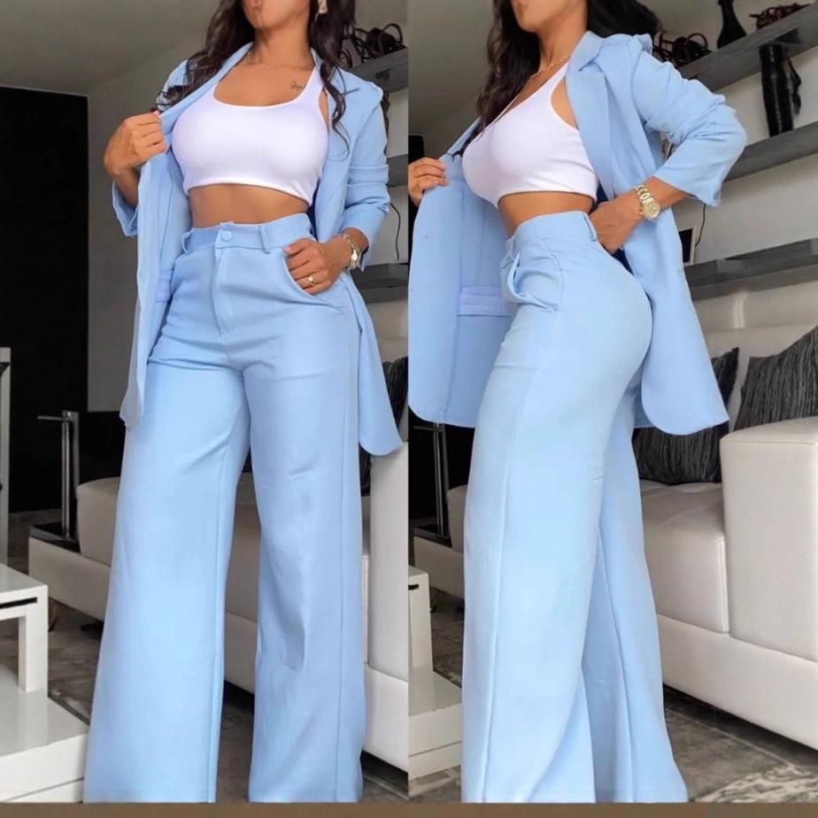 2026 Summer Elegant Women's Solid Color Split Sleeve Suit with Straight Leg Pants