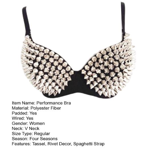 Kadın Performans Sütyeni Perçin Dekor Uzun Püskül Spagetti Askı Gece Kulübü Partisi Direk Dansı Stripper Sahne Gösterisi Kokteyl Parti Sütyeni