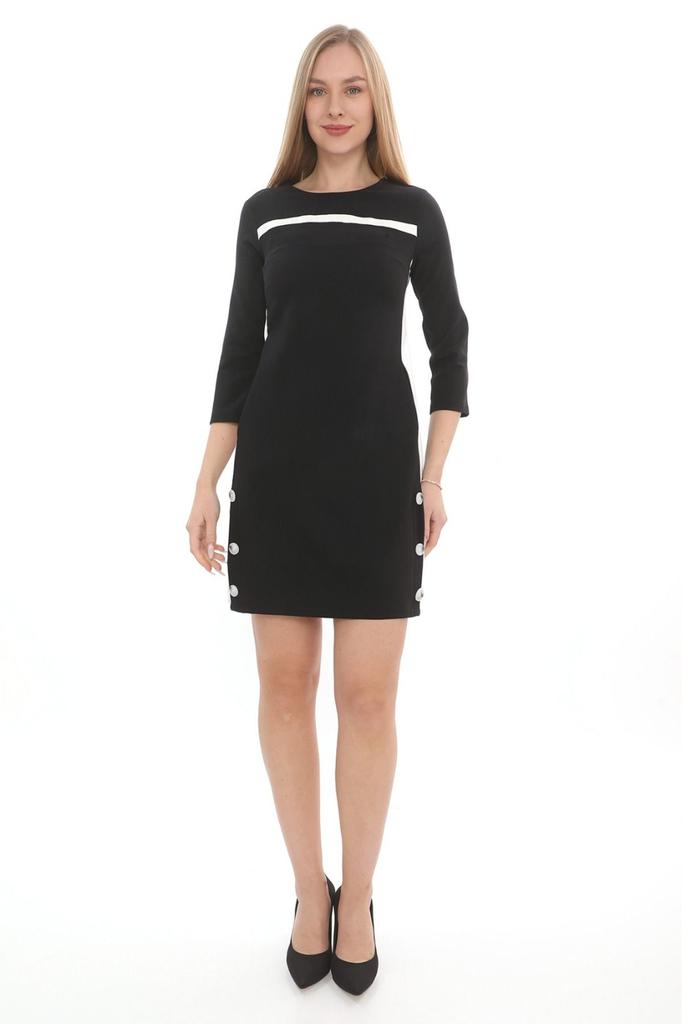 Damen Übergröße Kleid Gestreiftes und Lederdetailliertes Kleid