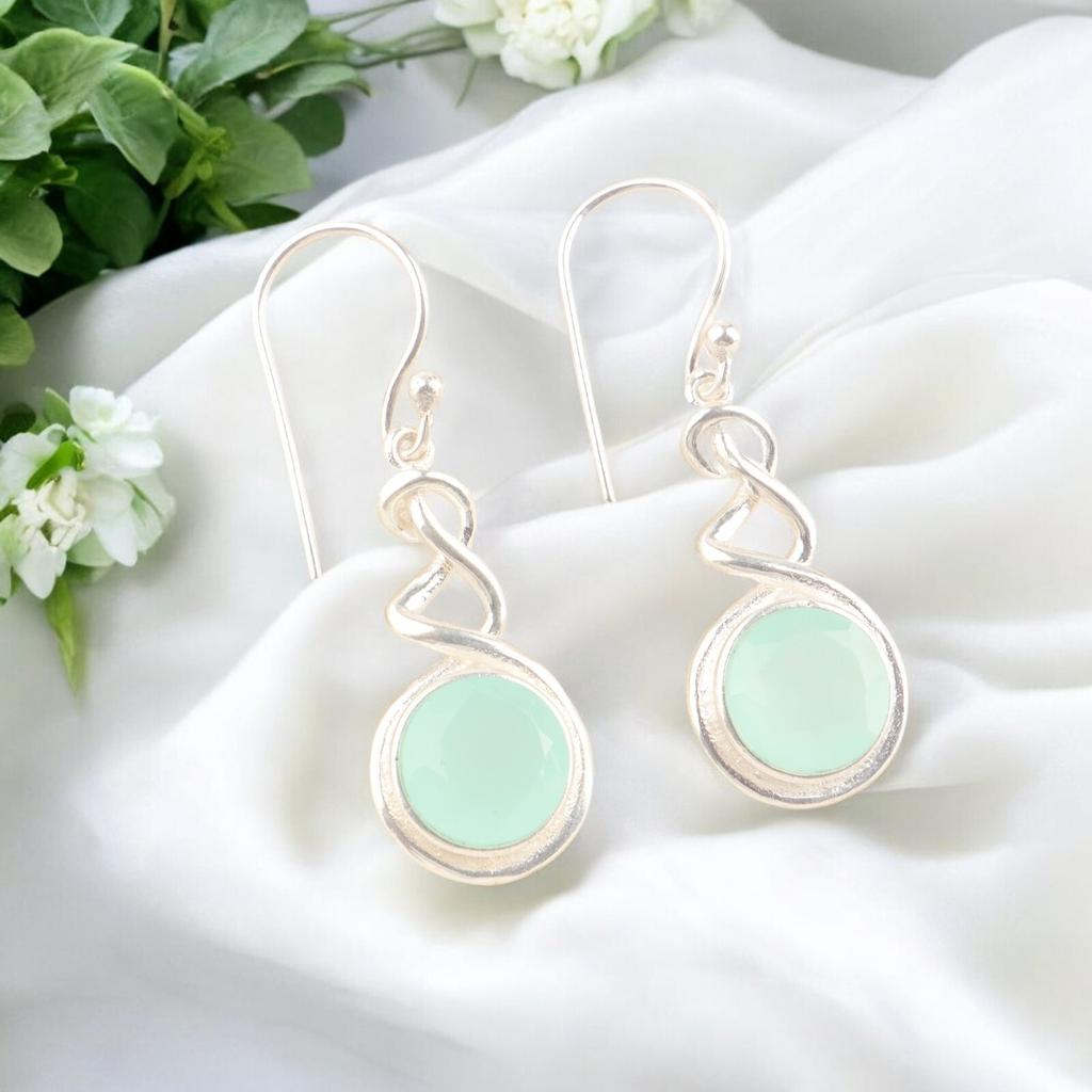 Vintage Aqua Chalcedony Gemstone 925 Sterling Silver Earrings Women's Jewelry CE-14-16