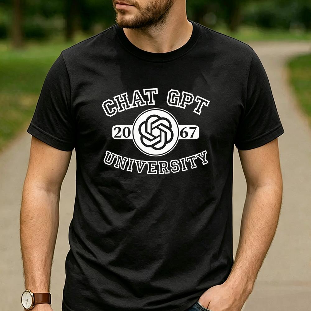 Chat GPT University Twist Knot Est 2067 Graphic T Shirt Unisex Crew Neck Short Sleeve Tech Geek Holiday Gift Tee