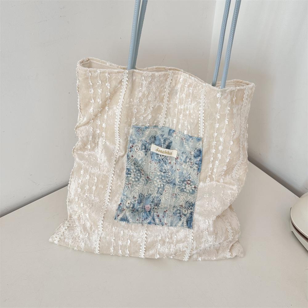 New Style, Pearl, Niche Design, Canvas Bag, Large Capacity, Commuting Bag, Girls' Bag, Lace Hand-held Shoulder Bag