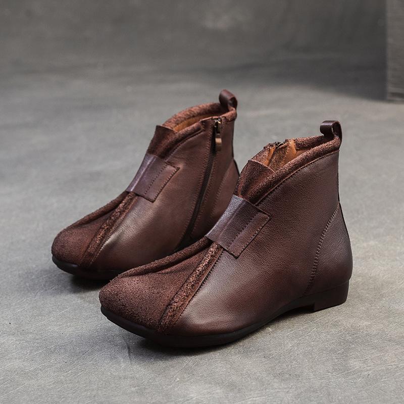 Johnature Sapatos femininos de couro legítimo, bota curta retrô confortável e de fundo plano