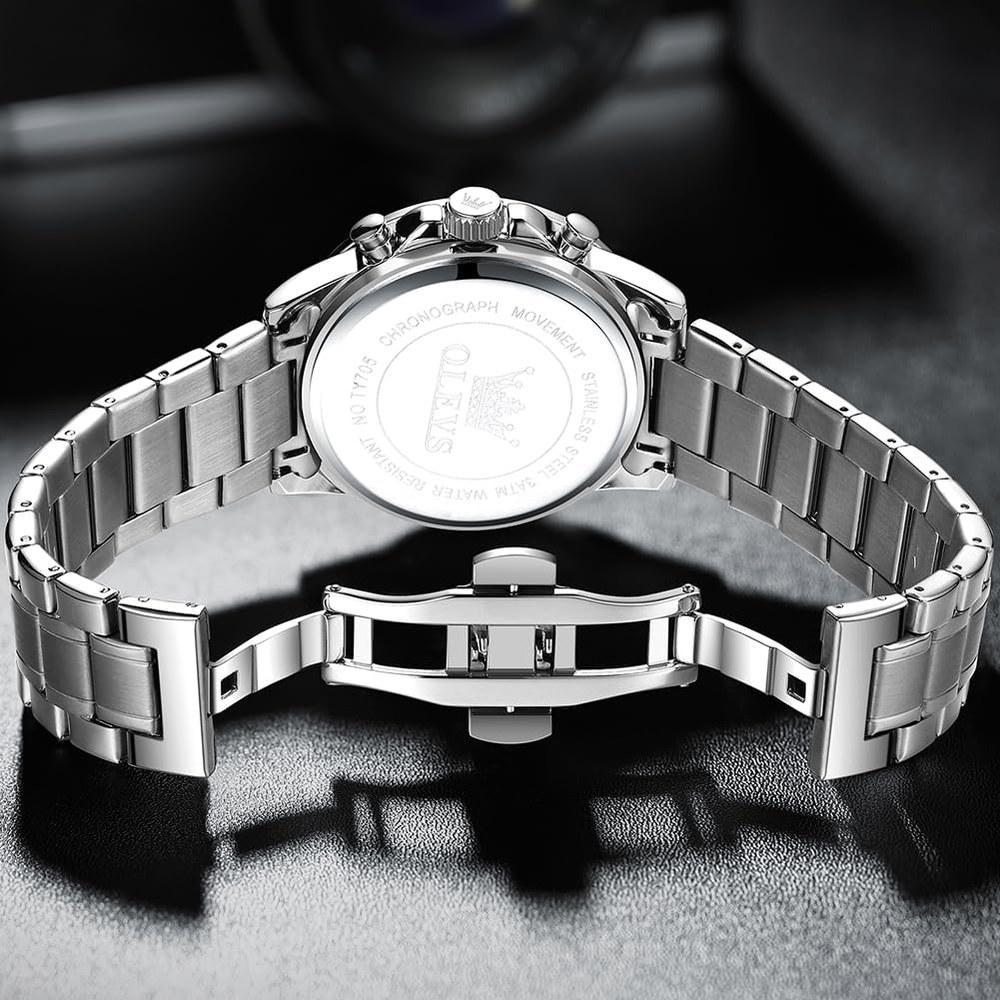 OLEVS Men's Quartz Watch Multi-Function Stainless Steel Waterproof Analog Watch Luminous Hands Date Display Black Fashionable