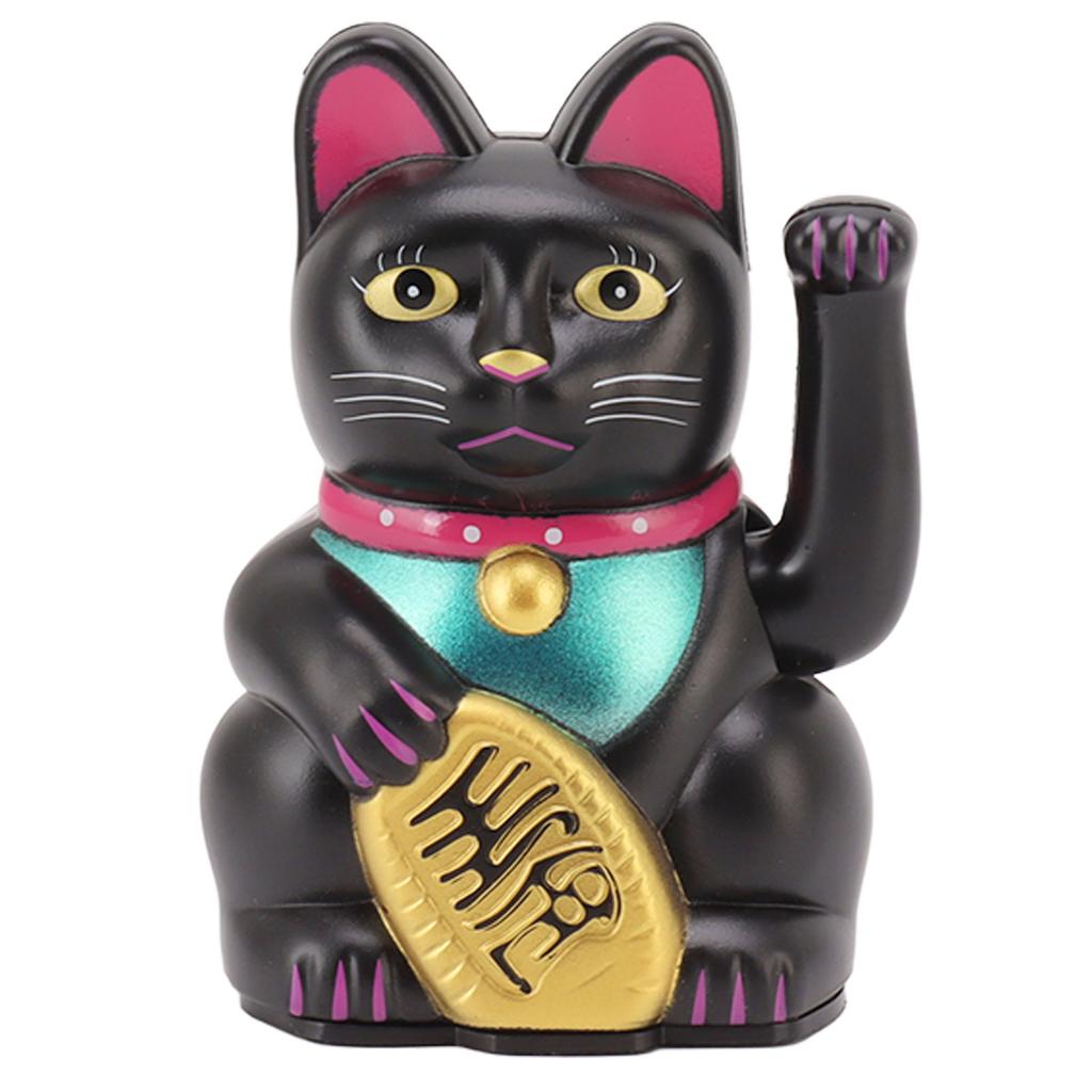 4 Inch Lucky Cat Decor Hand Waving Welcoming Cat for Home Desk Ornament Gift Giving Black