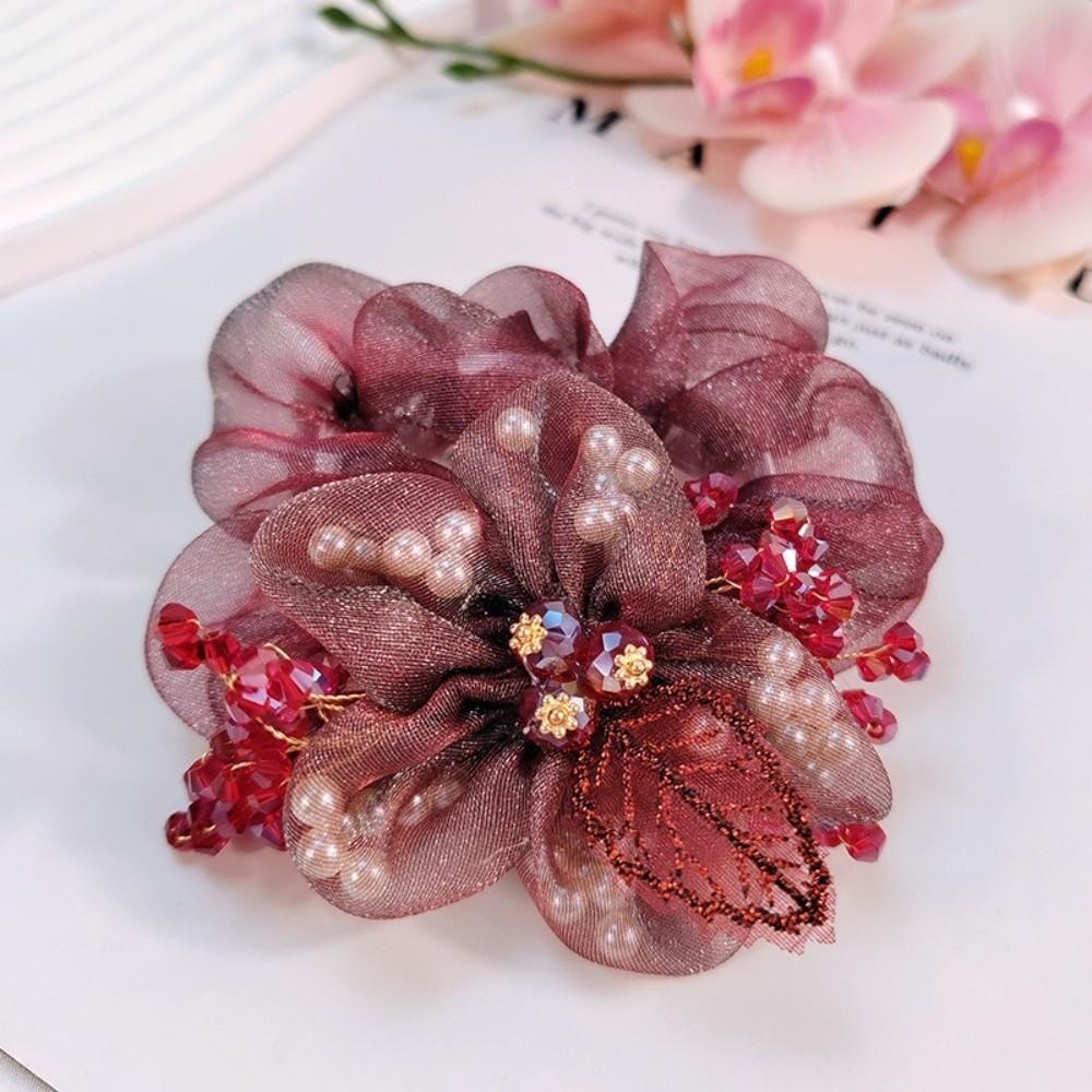 Elegant Organza Flower Hair Rope Faux Pearl Large Lace Floral Hair Scrunchies Elastic Hair Rubber Bands Hair Accessories