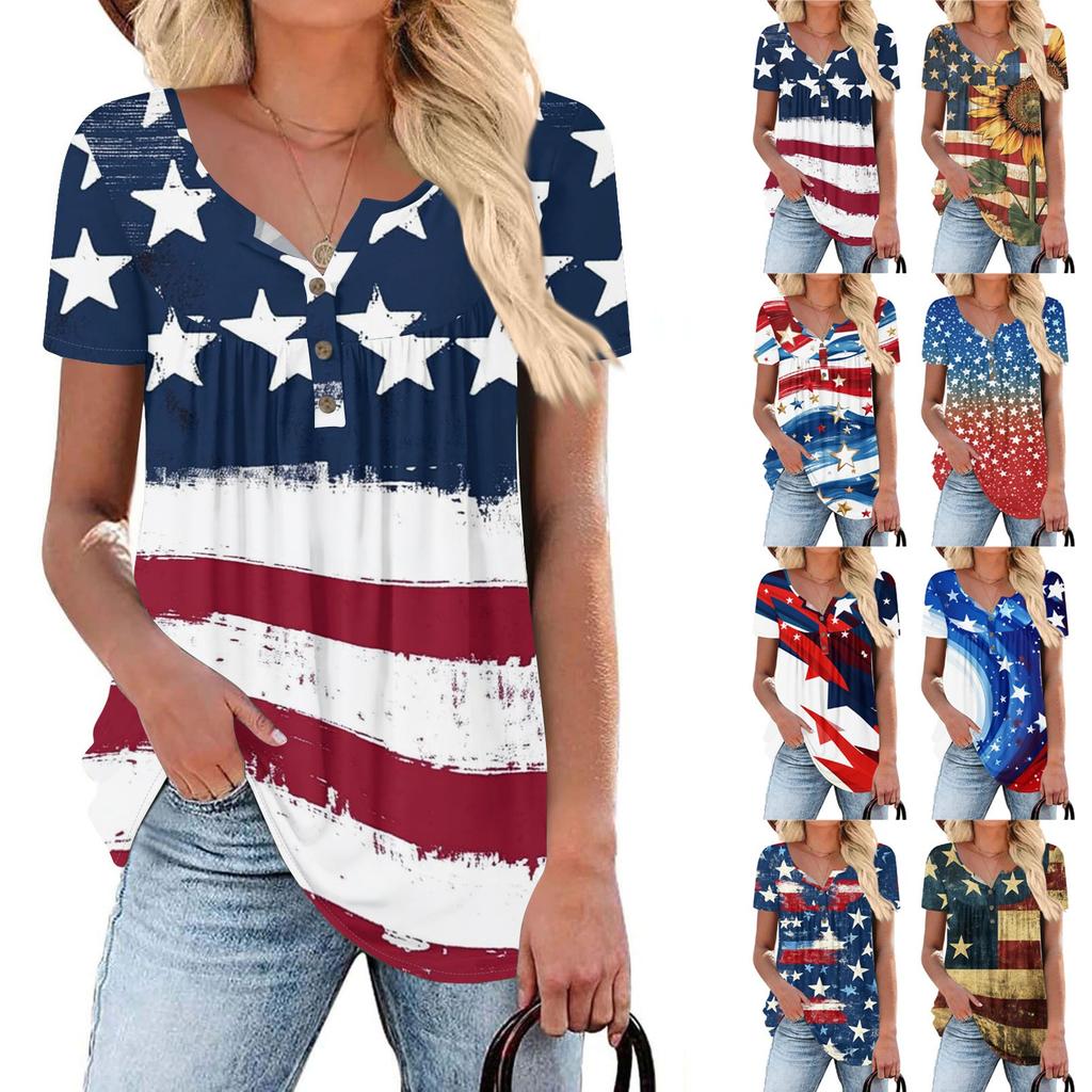 Women Tunic Tops Dressy Casual Summer Short Sleeve Shirts Loose Fit Pleated Boho Top Independence Day