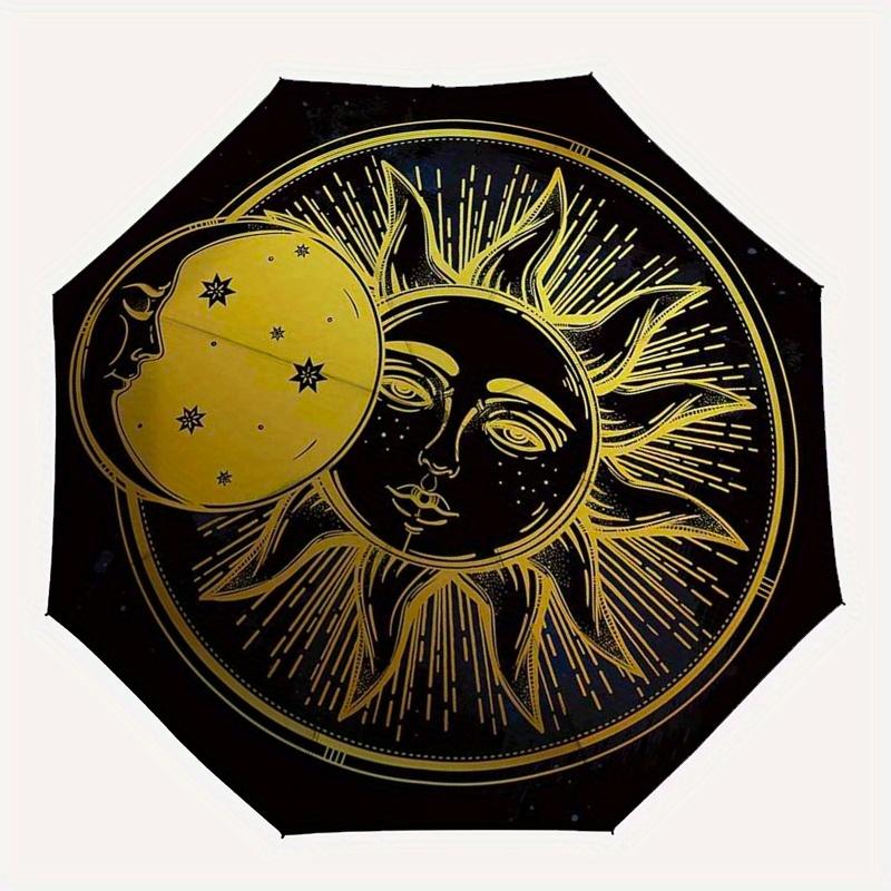 Golden Celestial Sun & Moon Face Round Coaster Set of 2 Umbrella, Cute Umbrella with Cute Design, Portable 3-Fold Compact Umbrella for Men & Women, Va