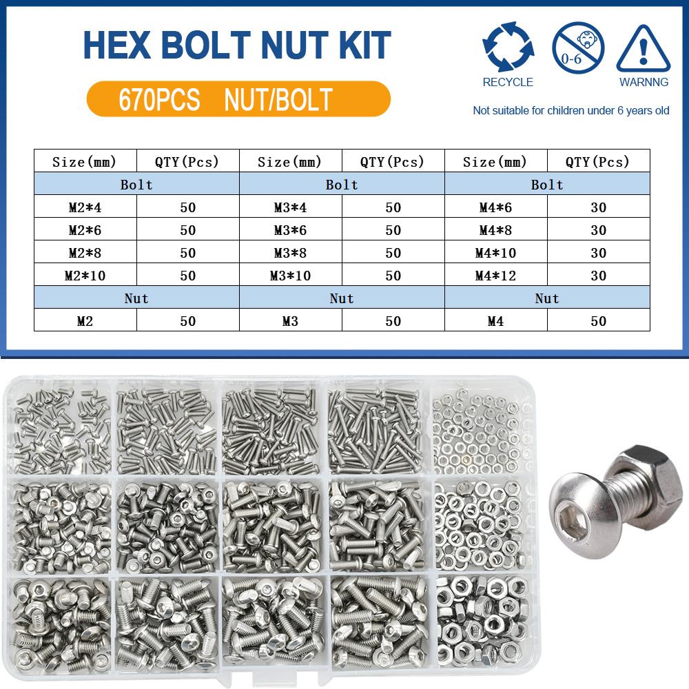 Allen Screw Nut Bolt Kit M2 M3 M4 M5 M6 304 Stainless Steel Bolts Nuts Set Hexagon Button Round Head Machine Screws Nuts Kit