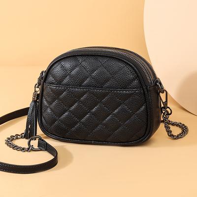 Genuine Leather Women'S Bag Trendy Rhombus Embroidery Thread Shoulder Messenger Bag First Layer Cowhide Bag