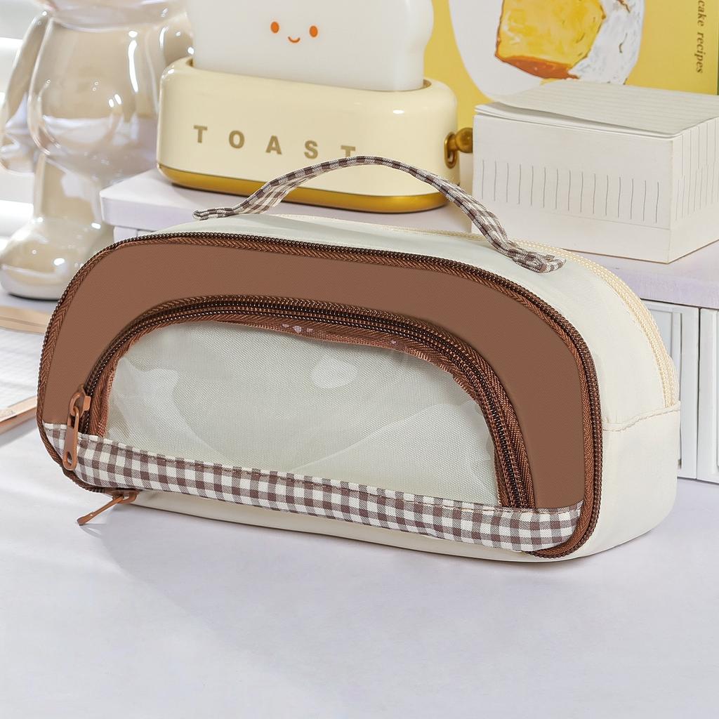 Cute Checkered Window Pencil Case with Handle Multilayer Large Capacity Storage Pouch Contrast Color Design Multi-Function A3224