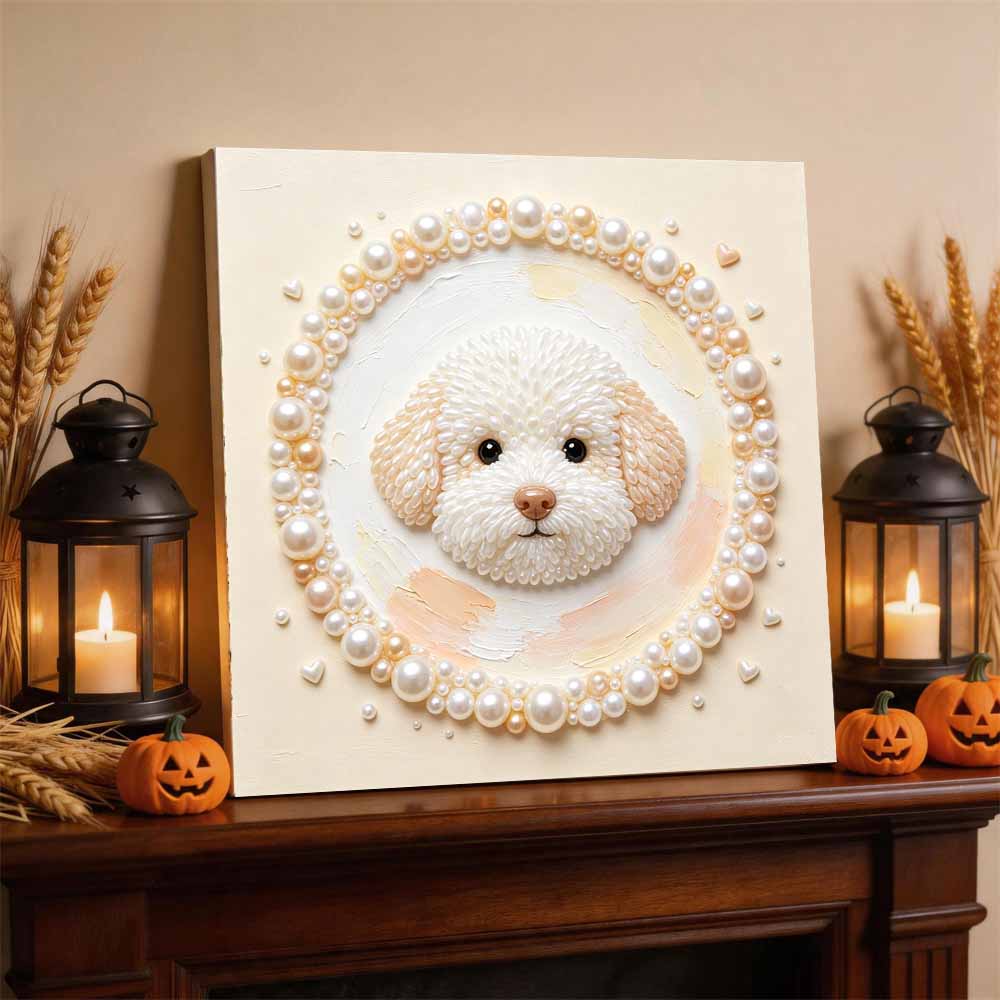 DIY 5D Pearl Bead Painting Kit with Frame Cute Bichon Dog Design Shiny Canvas Art for Bedroom Wall Decor and Special Birthday Gift