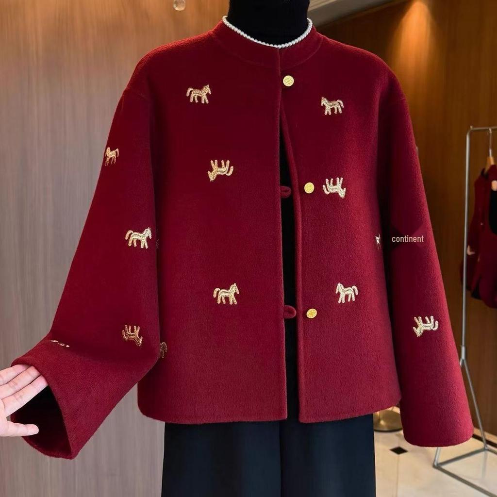 2026 Spring Women's Chinese New Year Embroidered Cardigan – Horse-Themed Wool Coat for Mothers & Mother-in-Laws