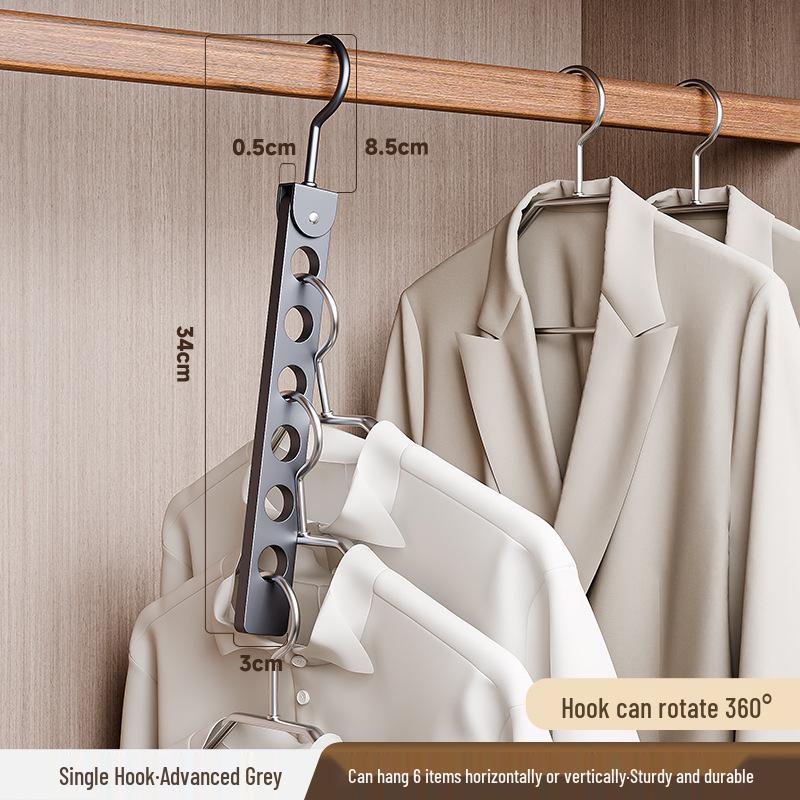 Aluminum Alloy Folding Eight-Hole Hanger with Single Hook for Versatile Wardrobe and Laundry Storage