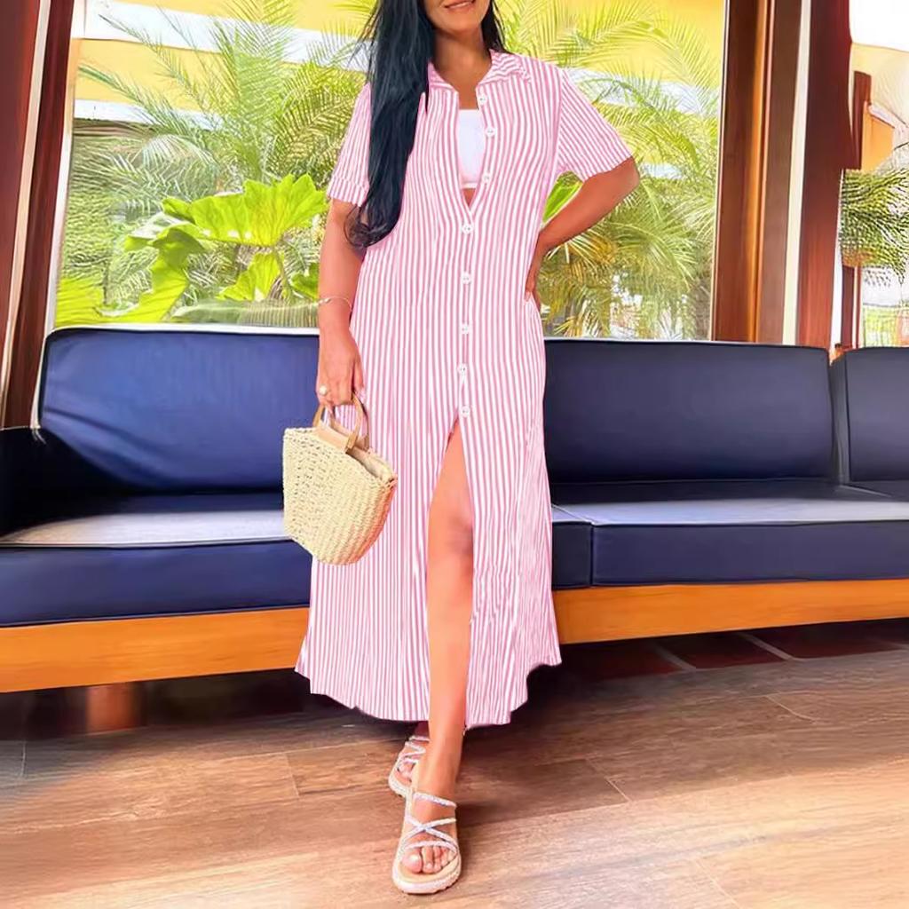Summer Short Sleeve Casual Long Stripe Printed Dress Women's Clothing
