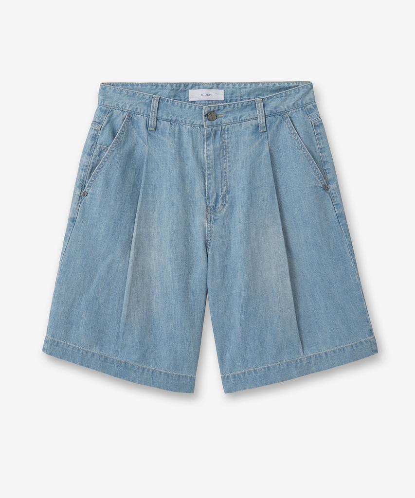 MINAV Single-Pleat Linen Bermuda Denim Pants [Light Blue]