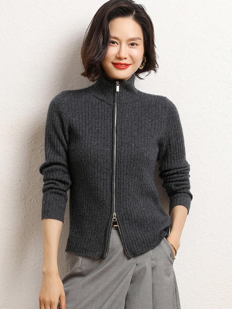 Women's Korean Style Cashmere Stand Collar Zipper Cardigan - Striped Slimming Knitwear for Autumn Winter