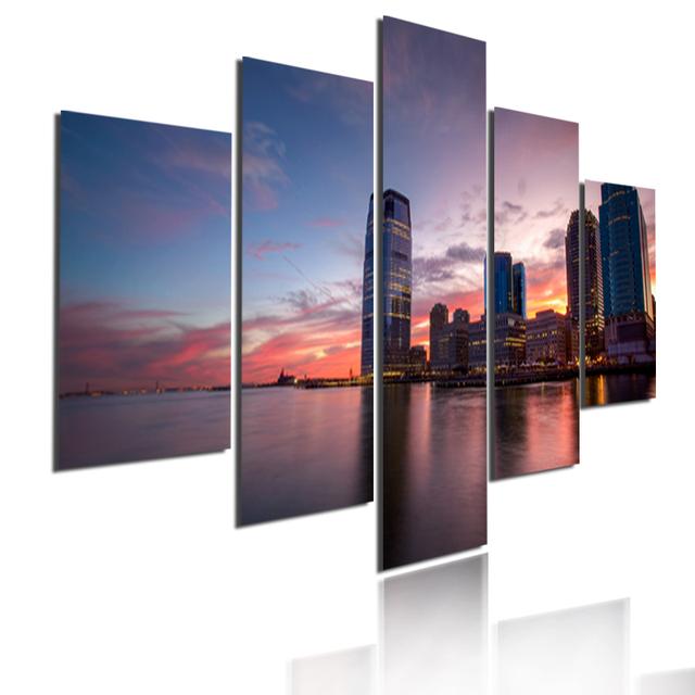 5 Pieces Modular Picture Bustling Cityscape Poster HD Printed Wall Art Modern Metropolis Skyscrapers Canvas Painting Home Decor