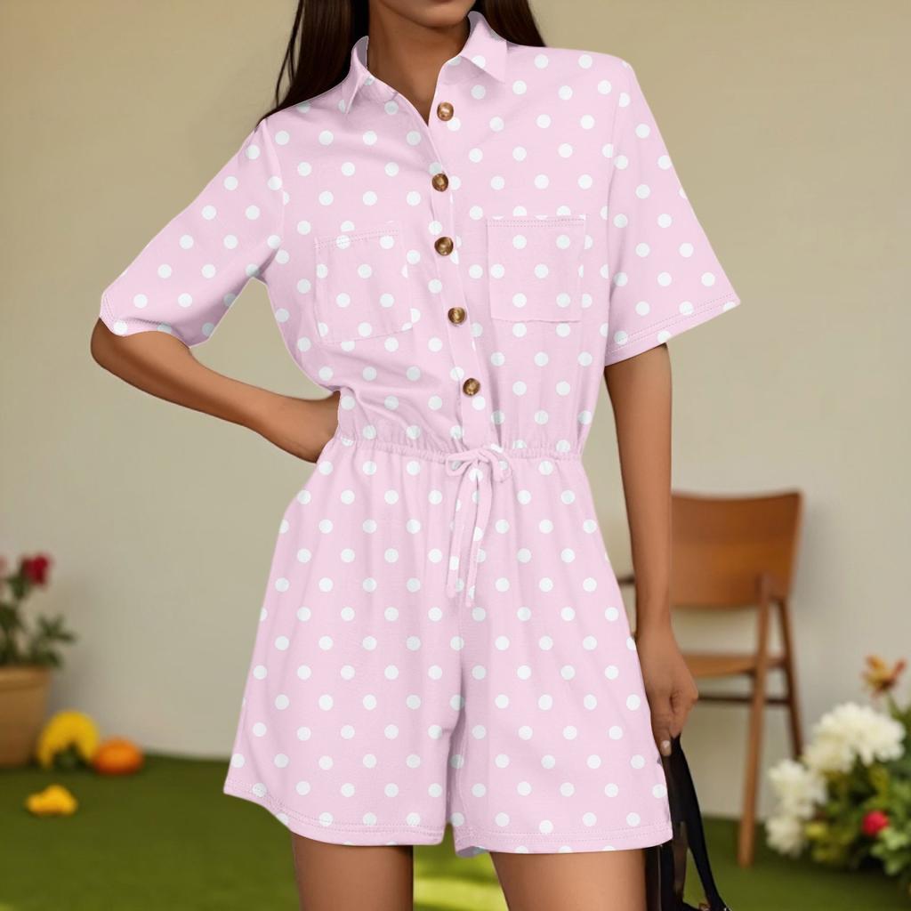 Women's Fashion V-neck Jumpsuit Plaid Casual Short Sleeve Top Jumpsuit