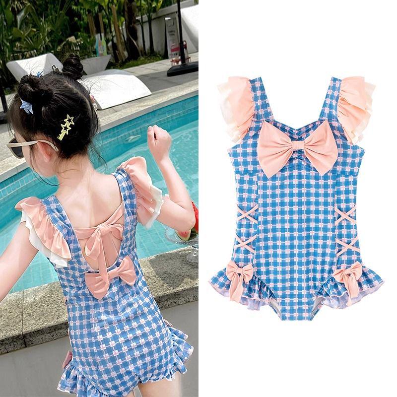 

Японский клетчатый милый купальник-монокини без спины на шнуровке с контролем живота. Size 110 (Height ~100cm)