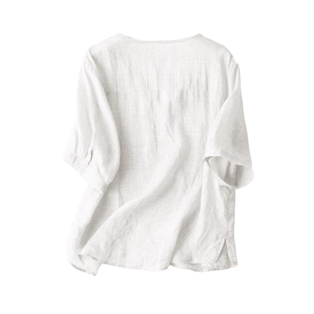 Women V Neck Asymmetrical Hem Short Sleeve Cotton Linen Casual Loose Fit Shirt Top for Daily Wear