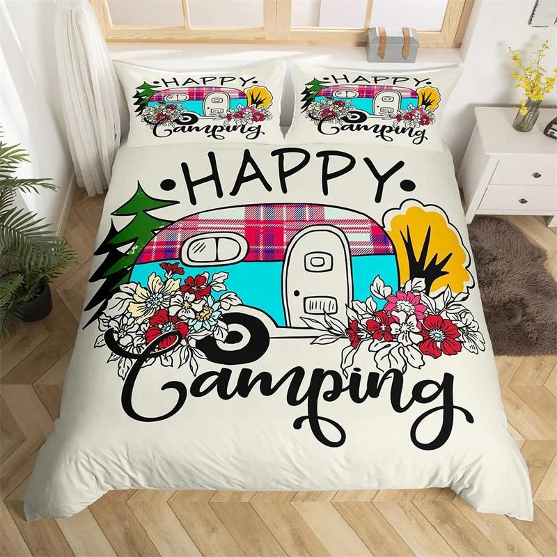 Camper Bedding Set Vintage Cabin Twin Full King Duvet Cover Cartoon Camp Travel Car Quilt Cover Farmhouse Style Comforter Cover