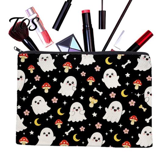 Durable Data Cable Organizer Cosmetic Bag, Halloween Pattern Print Makeup Canvas Student Stationery Pencil Pouch Zipper Pouch, for Change Storage Cute