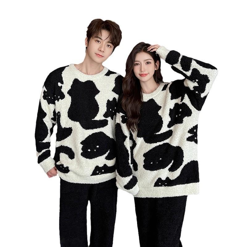Black and White Kitten Couple Autumn and Winter Warm Pajamas Set Cute Cartoon Long-sleeved Trousers Couple Loungewear Can Be Worn Outside